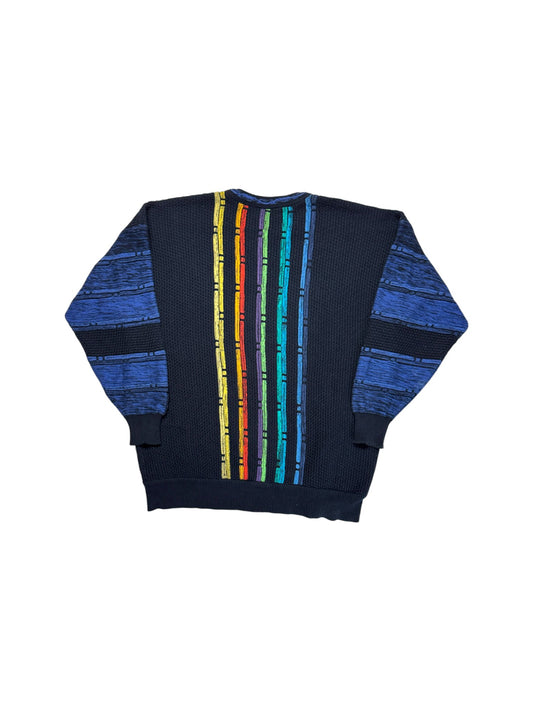 90s Carlo Colucci Strickpullover 3D Wave Knit Made In Germany Dunkelblau Bunt XL-XXL