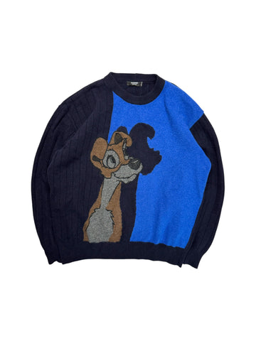 90s IcebergxDisney Strickpullover Susi und Strolch Schurwolle Made In Italy Dunkelblau M-L