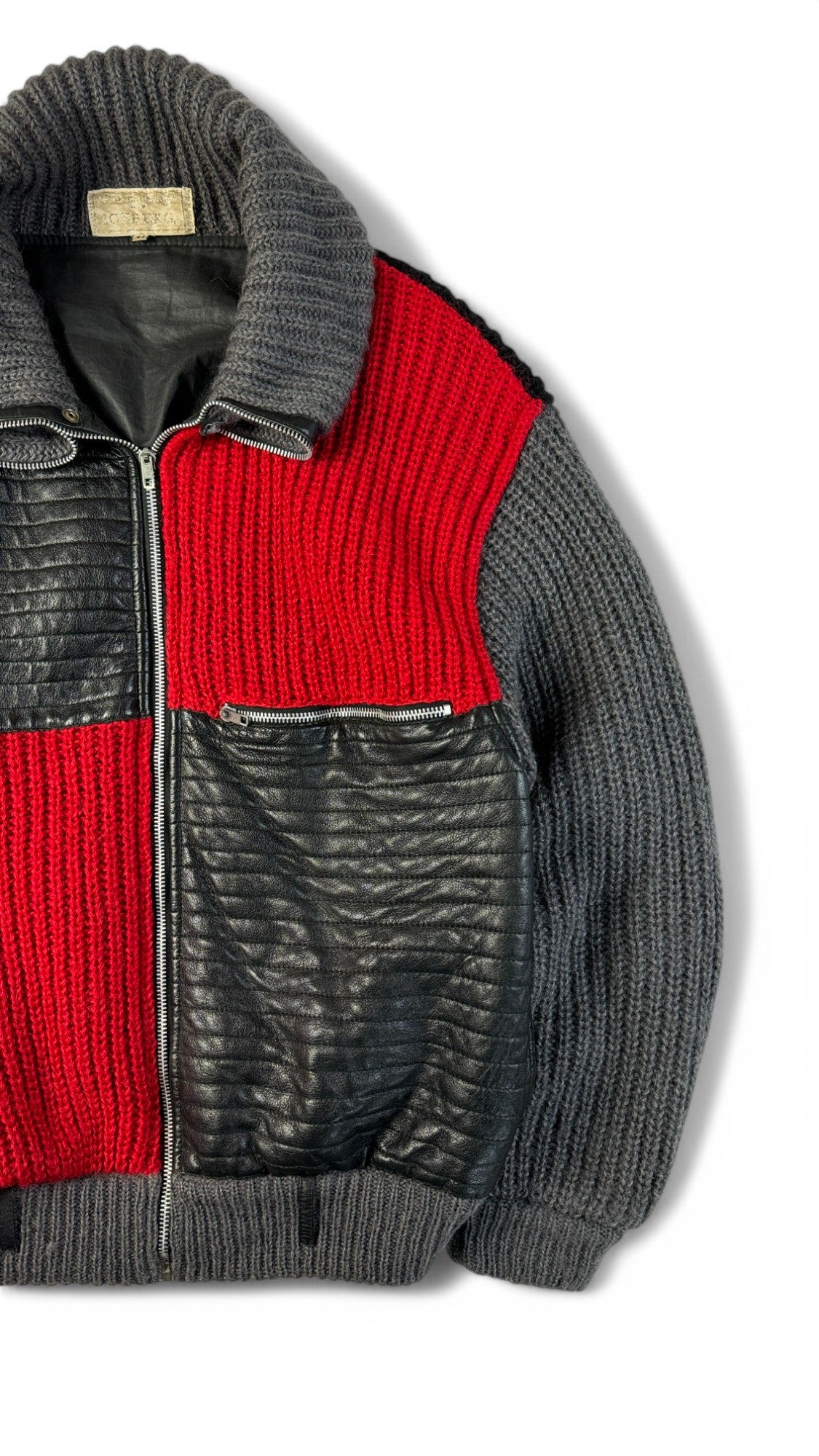 Vintage Iceberg Wolljacke 90s Mohair, Alpaka & Lederapplikationen Lampo Zip Made In Italy Rot Schwarz 44 M