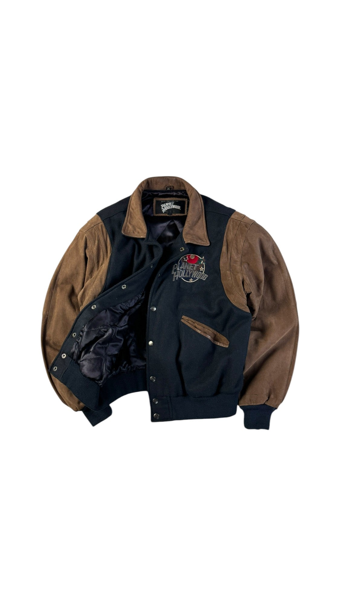 Vintage Planet Hollywood Bomberjacke 1990 Paris Made In Korea Wolle & Leder Schwarz Braun M
