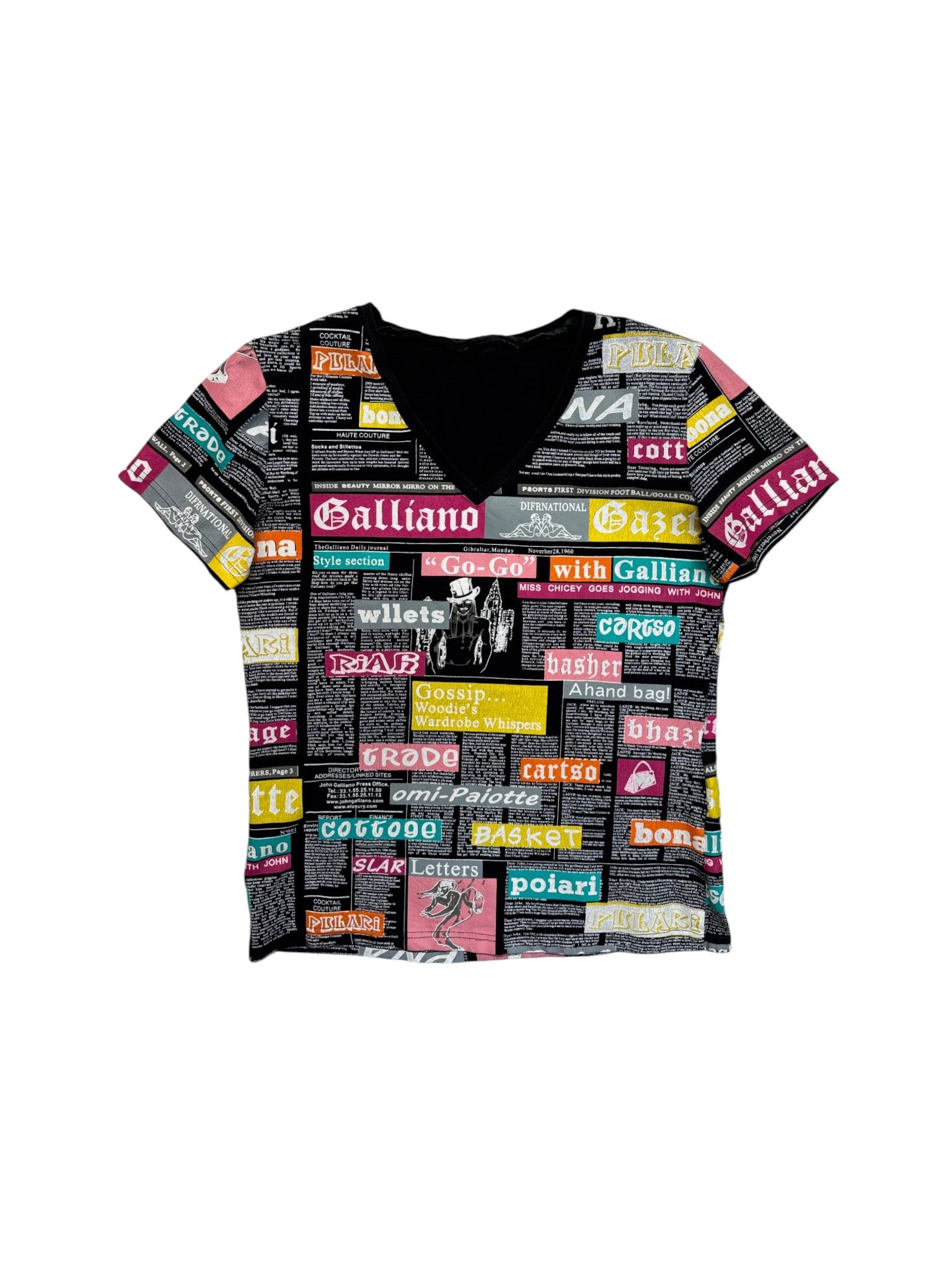 00s Galliano Shirt News Paper AOP V-Neck Schwarz M-L - RareRags
