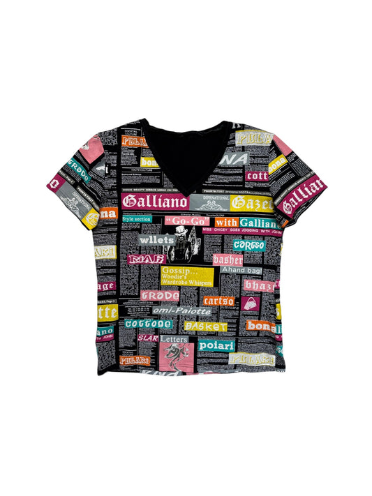 00s Galliano Shirt News Paper AOP V-Neck Schwarz M-L