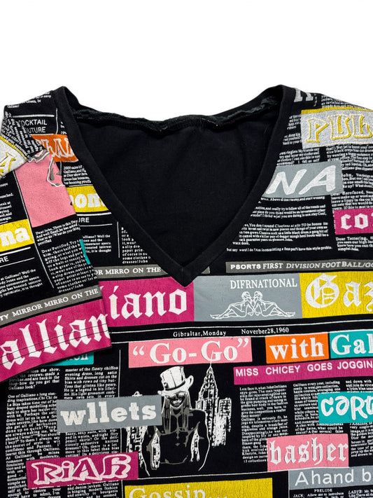 00s Galliano Shirt News Paper AOP V-Neck Schwarz M-L