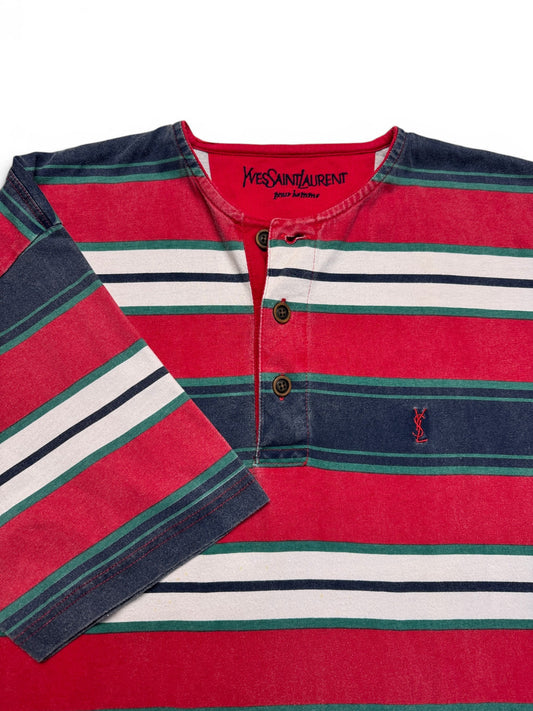 90s Yves Saint Laurent Henley Shirt Gestreift Rot Blau L