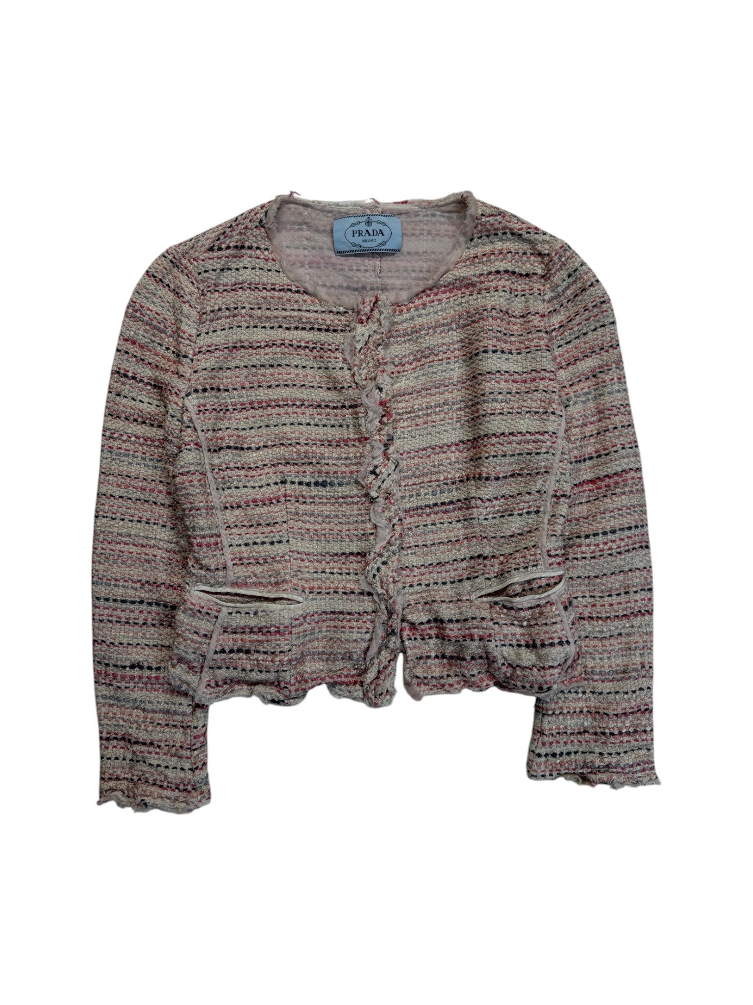 2010 Prada Milano Zweiteiler Skirt Suit Set Bouclé Tweed Silk&Cotton Weiß Rosa IT44 S-M
