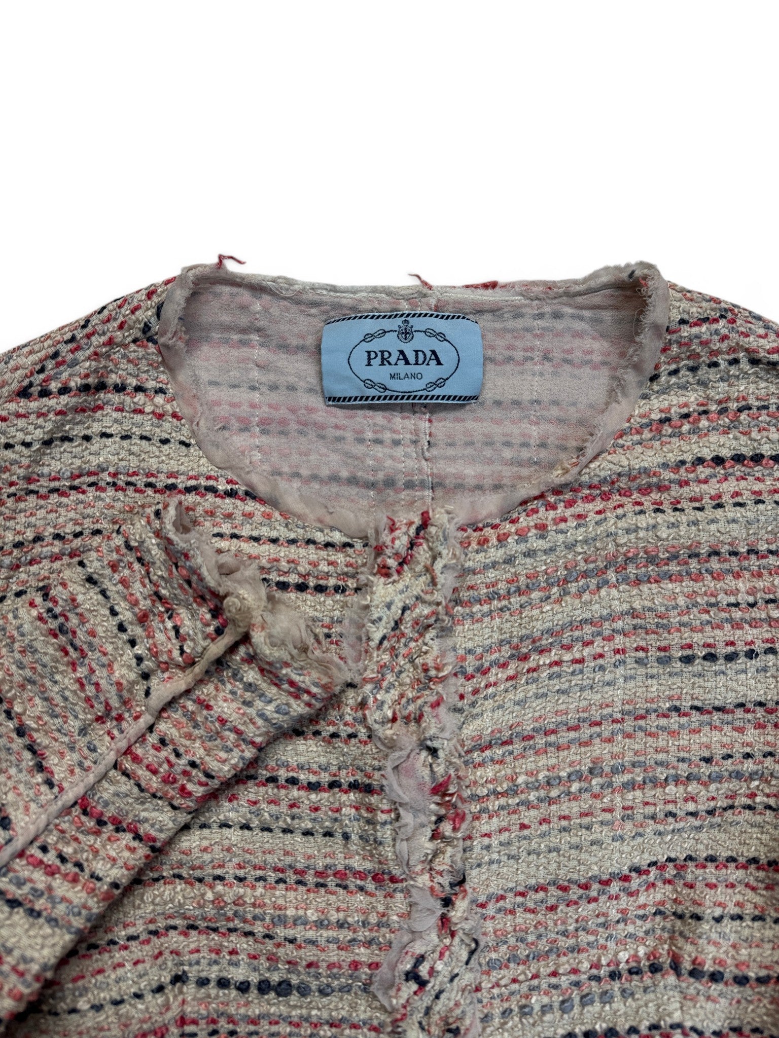 2010 Prada Milano Zweiteiler Skirt Suit Set Bouclé Tweed Silk&Cotton Weiß Rosa IT44 S-M