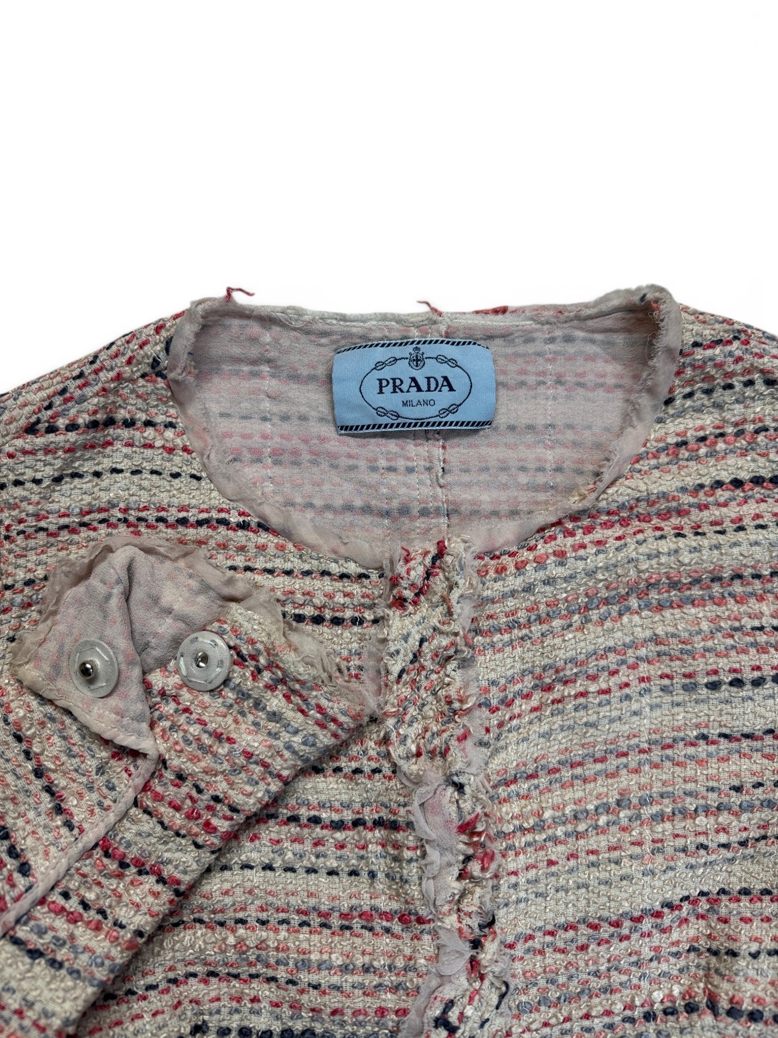 2010 Prada Milano Zweiteiler Skirt Suit Set Bouclé Tweed Silk&Cotton Weiß Rosa IT44 S-M