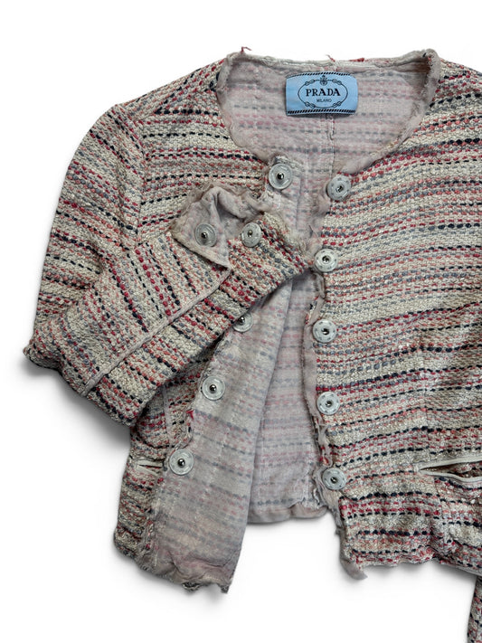 2010 Prada Milano Zweiteiler Skirt Suit Set Bouclé Tweed Silk&Cotton Weiß Rosa IT44 S-M