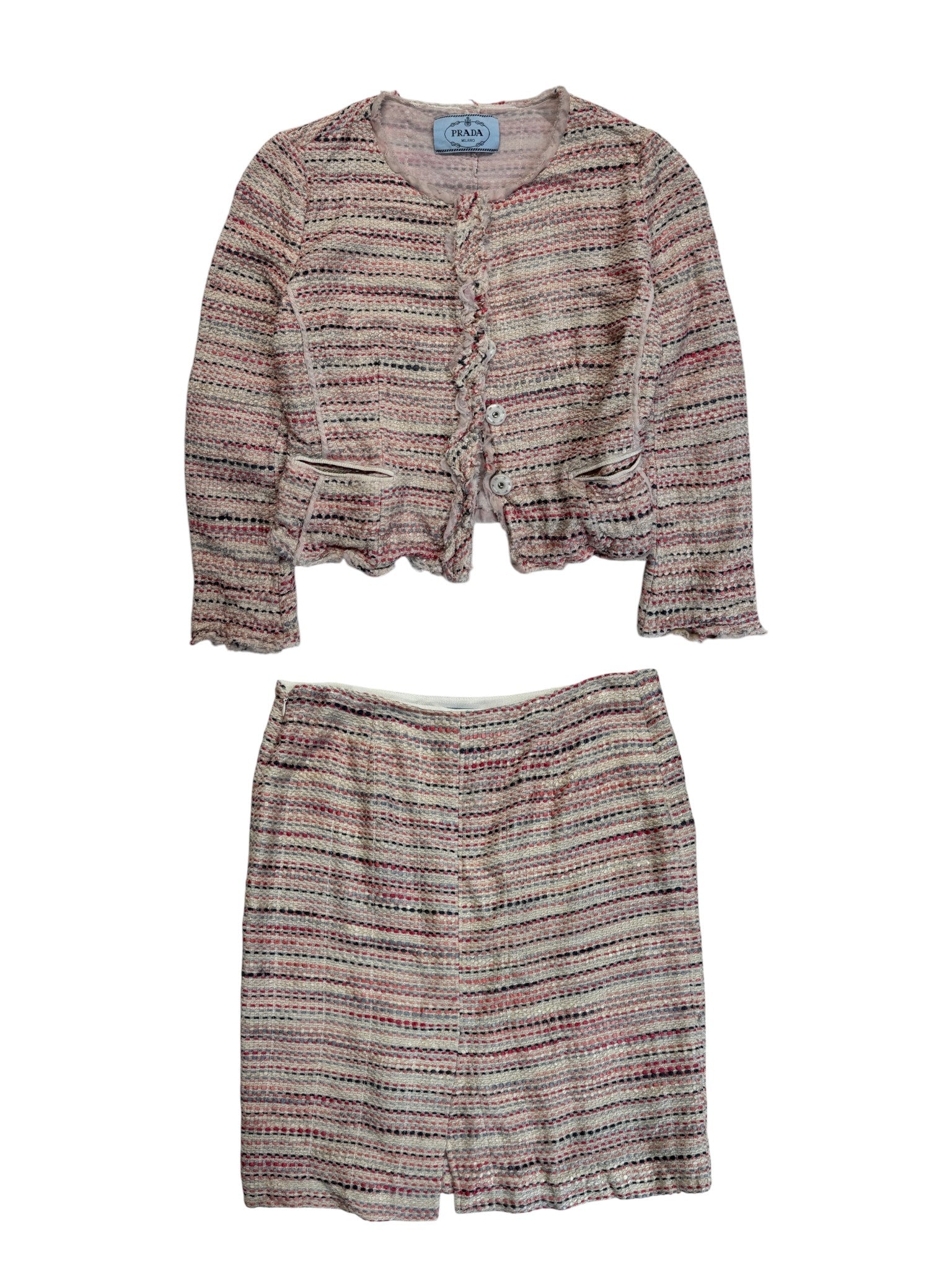 2010 Prada Milano Zweiteiler Skirt Suit Set Bouclé Tweed Silk&Cotton Weiß Rosa IT44 S-M