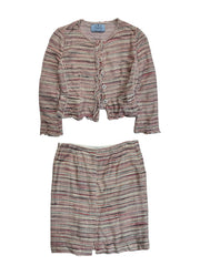 2010 Prada Milano Zweiteiler Skirt Suit Set Bouclé Tweed Silk&Cotton Weiß Rosa IT44 S-M