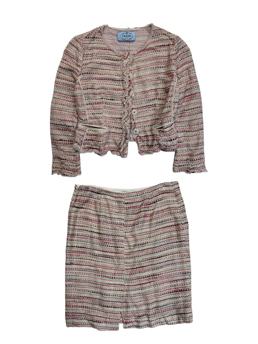 2010 Prada Milano Zweiteiler Skirt Suit Set Bouclé Tweed Silk&Cotton Weiß Rosa IT44 S-M