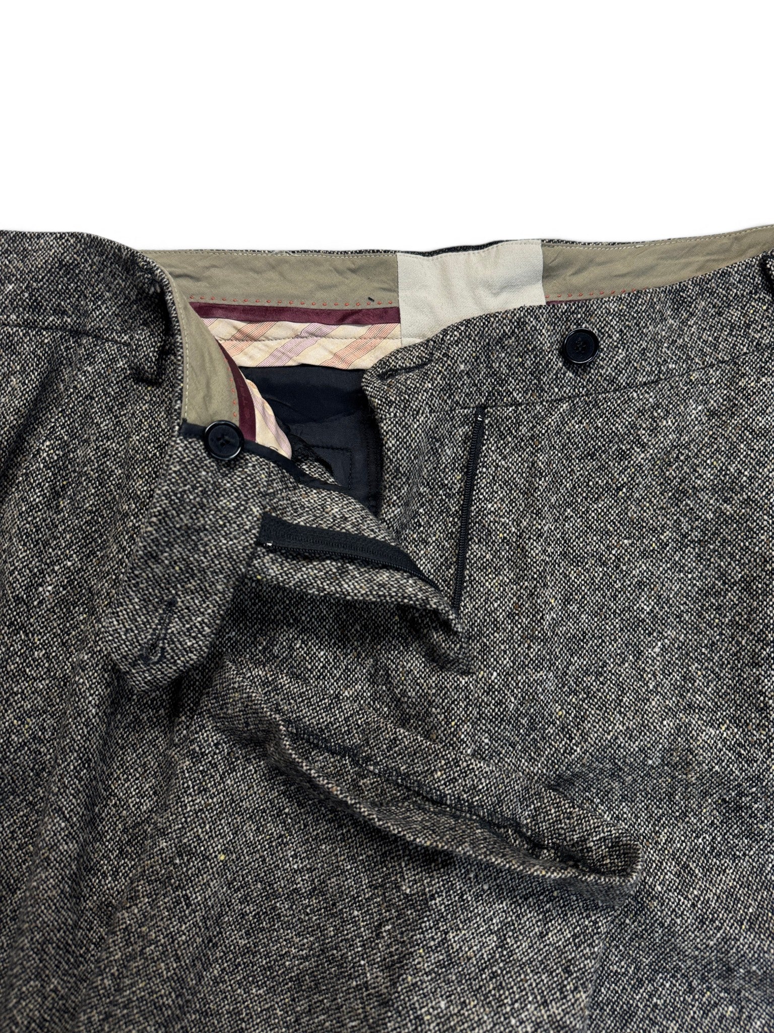 Etro Hose Straight Leg Front Pleat Low Waist Donegal Tweed Schwarz Creme M-L - RareRags
