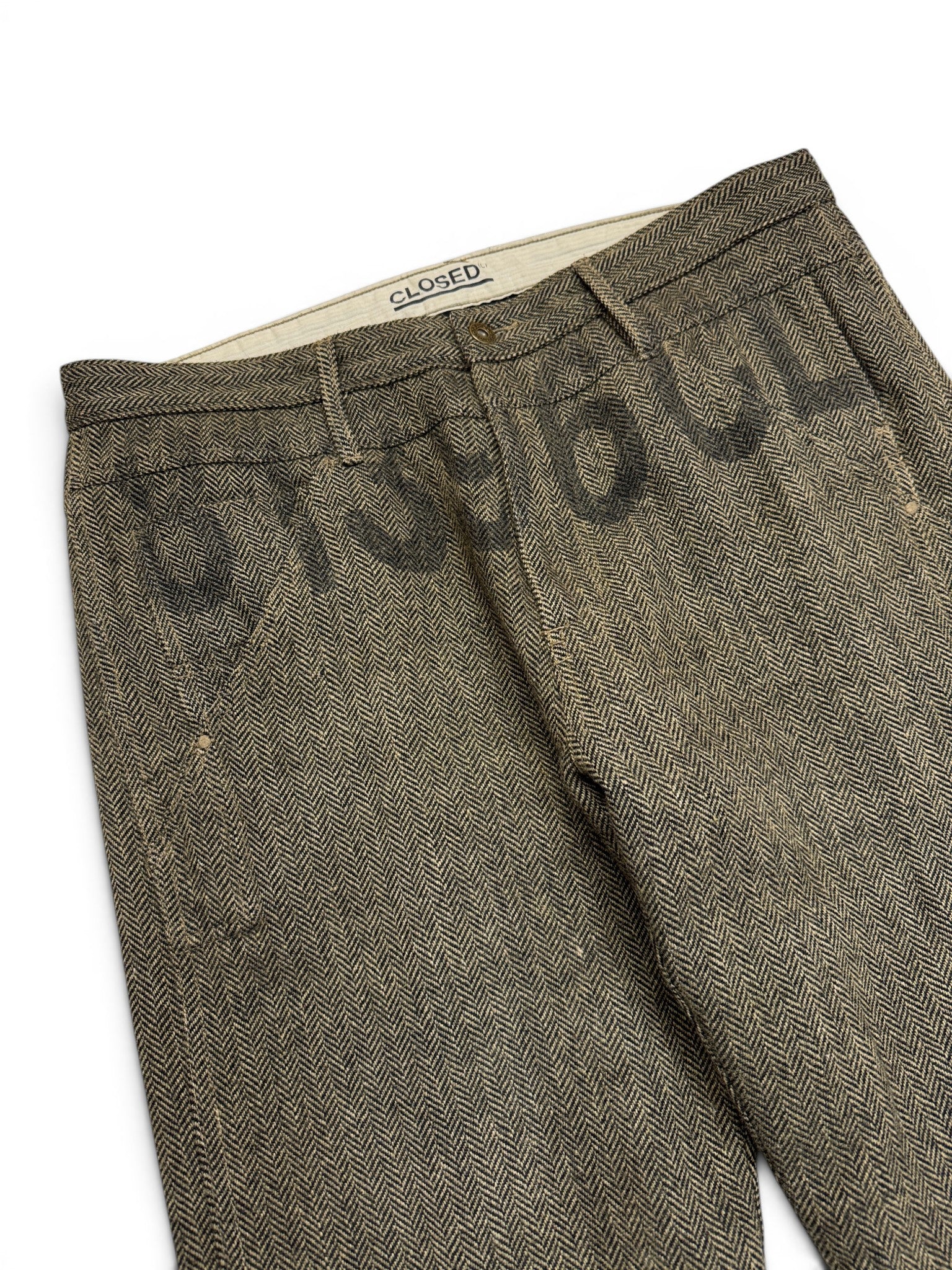80s/90s Closed Hose Herringbone Wool Pleated Talon Zip Braun Schwarz 52 L-XL