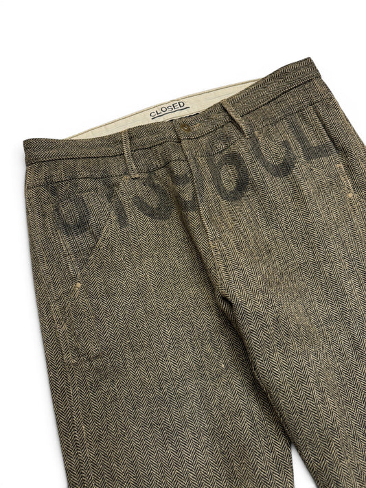 80s/90s Closed Hose Herringbone Wool Pleated Talon Zip Braun Schwarz 52 L-XL