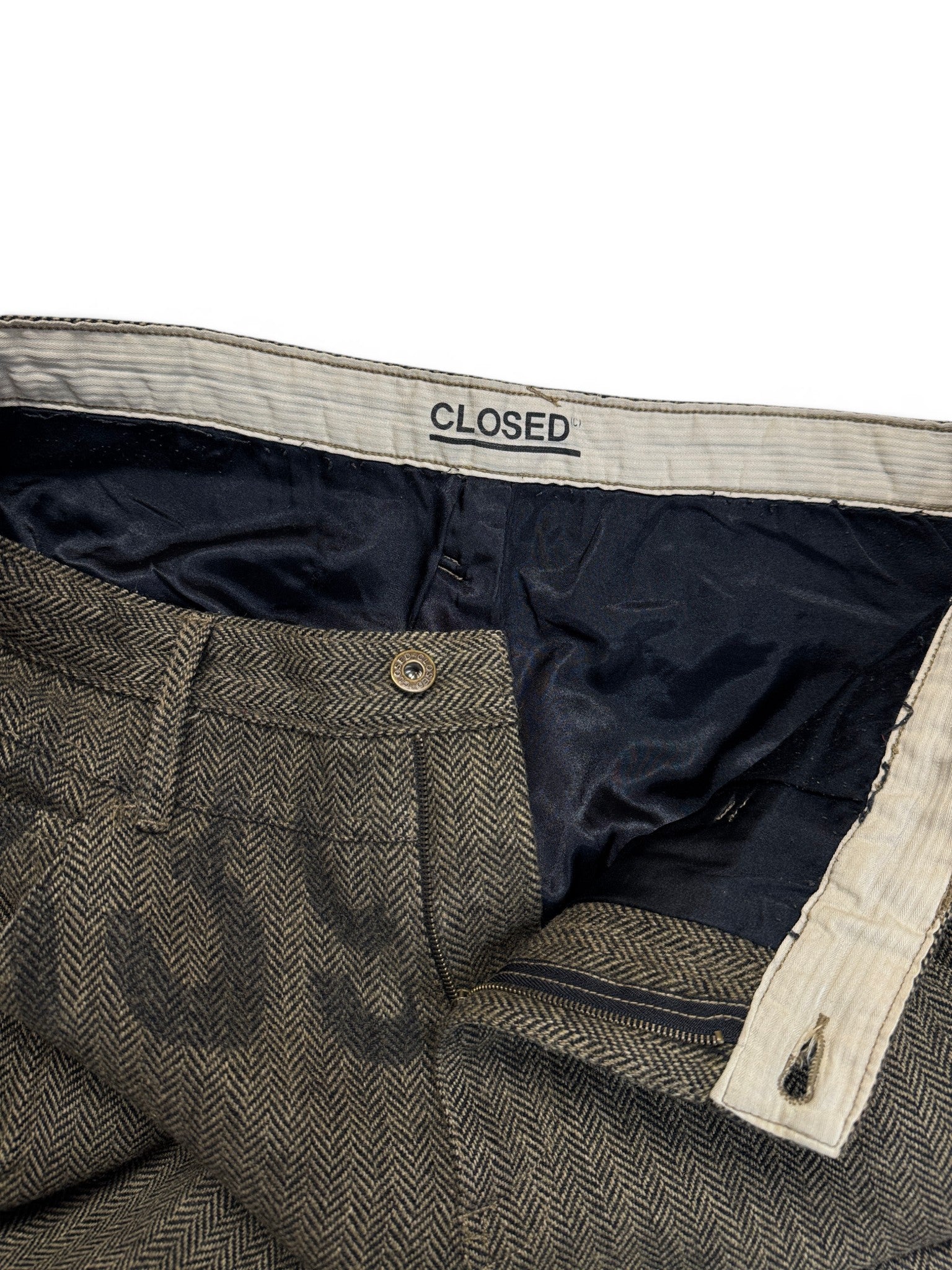 80s/90s Closed Hose Herringbone Wool Pleated Talon Zip Braun Schwarz 52 L-XL