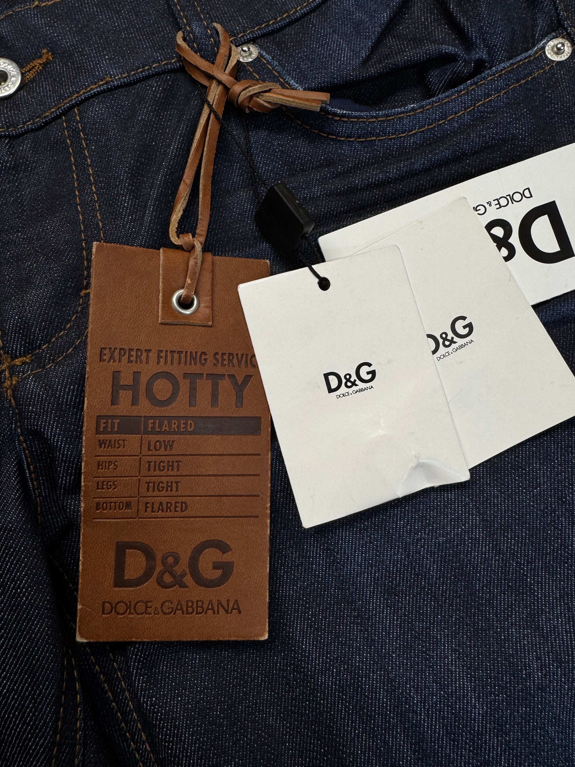 00s Dolce&Gabbana Jeans "Hotty" Low Rise Flared Deadstock Dunkelblau 29 M-L - RareRags
