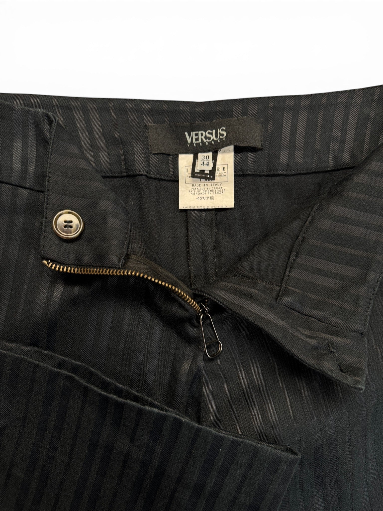 90s/00s Versus Versace Hose Low Waist Straight Leg Vertical Stripes Lampo Zip Schwarz IT44/M