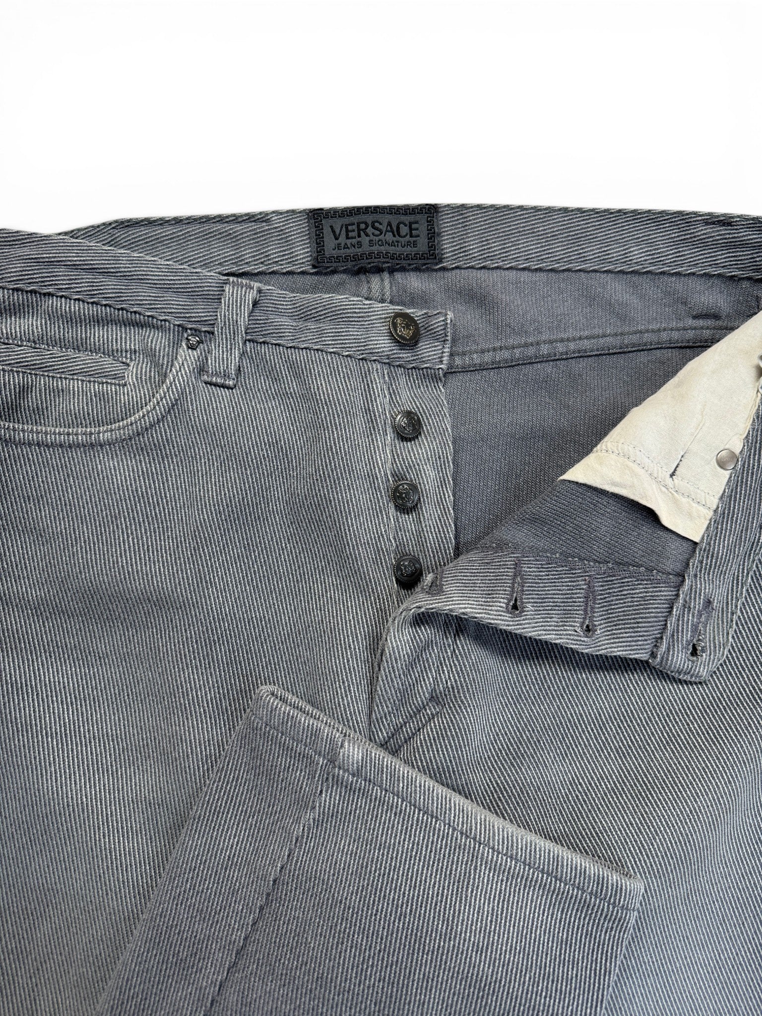 90s Versace Jeans Signature Hose Made In Italy Gestreift Grau M-L