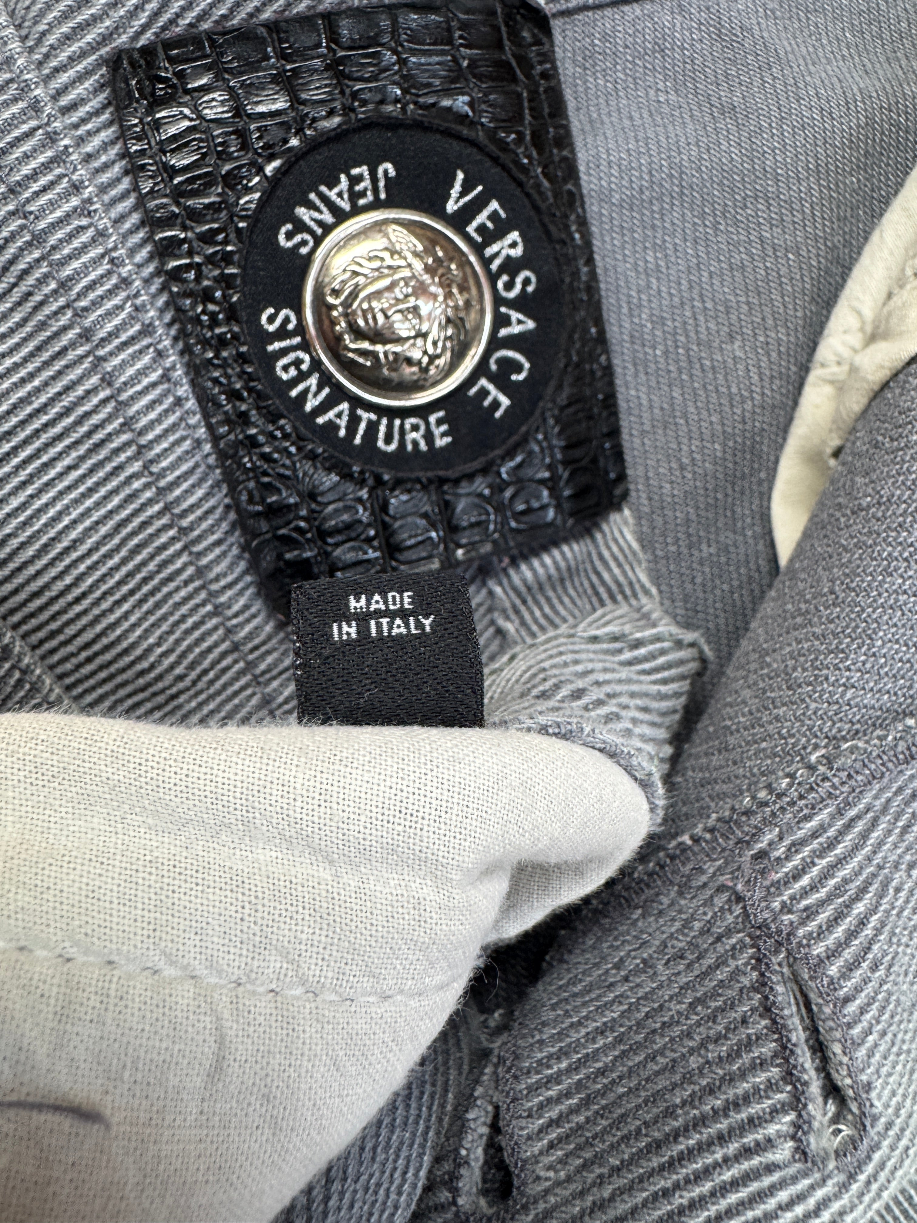 90s Versace Jeans Signature Hose Made In Italy Gestreift Grau M-L