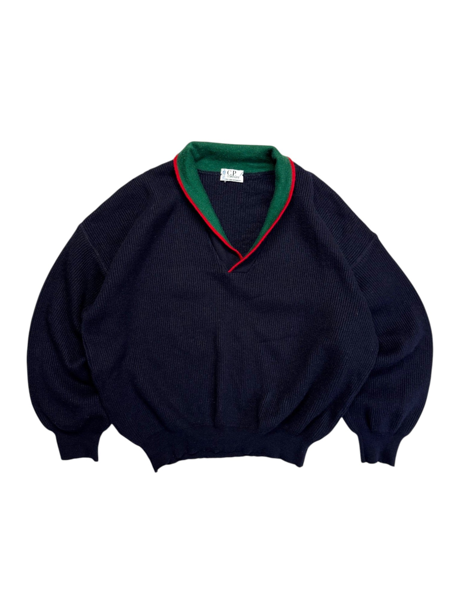 1982 C.P. Company Shawl Neck Knit Sweater Made In Italy Dunkelblau L-XL - RareRags