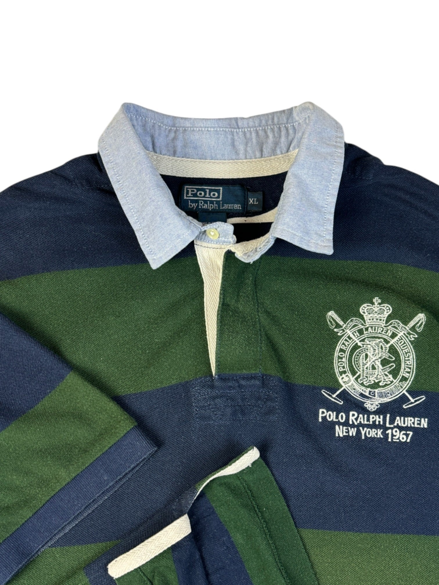 90s Ralph Lauren Poloshirt Crest Logo Striped Dunkelblau Grün XL