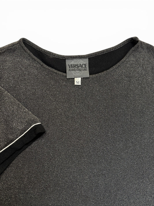 00s Versace Jeans Couture Shirt Metallic Knit Glänzend Silber/Grau M