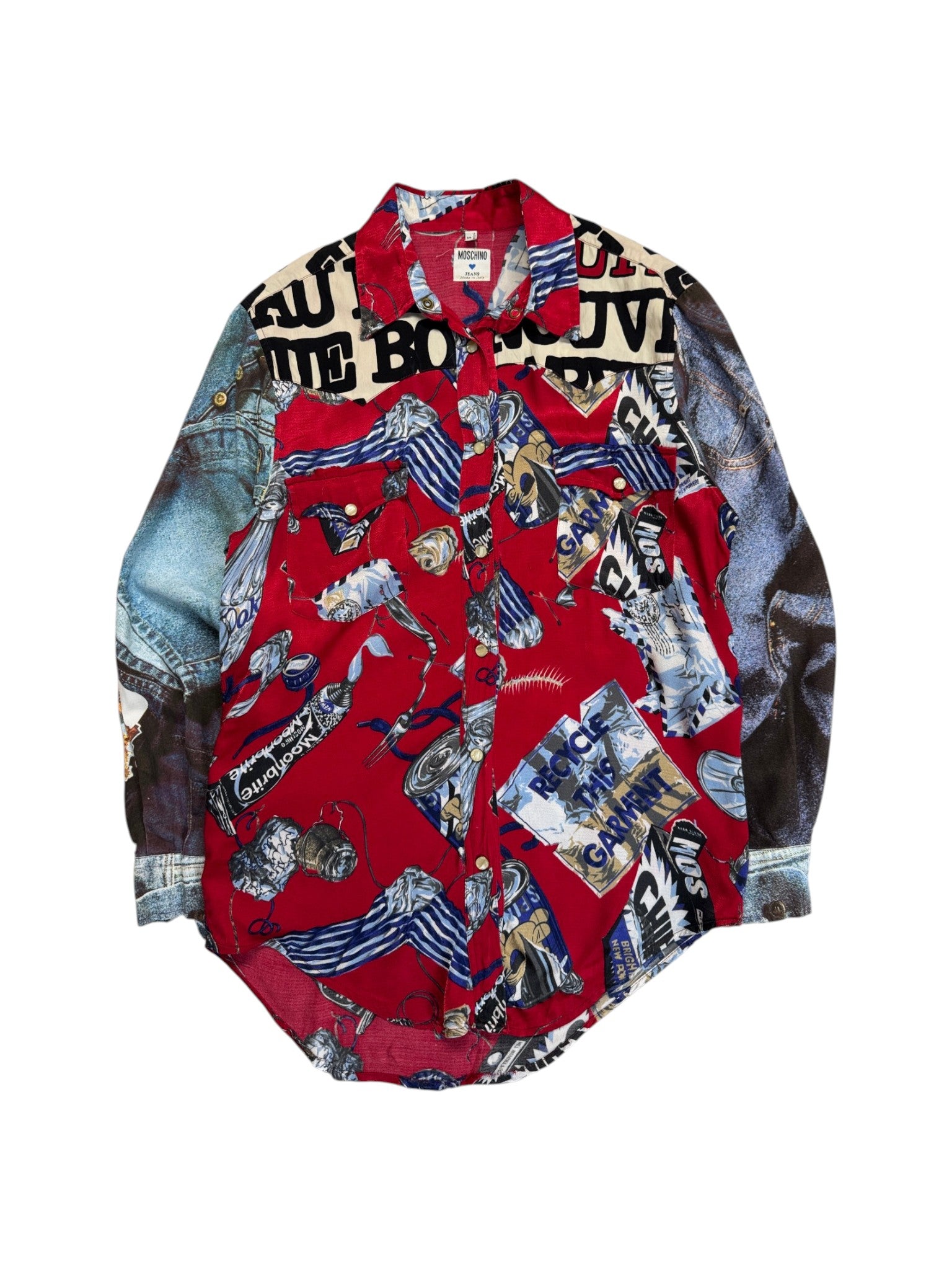 90s Moschino Hemd Pop Art Denim Print Rot S - RareRags