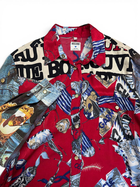 90s Moschino Hemd Pop Art Denim Print Rot S
