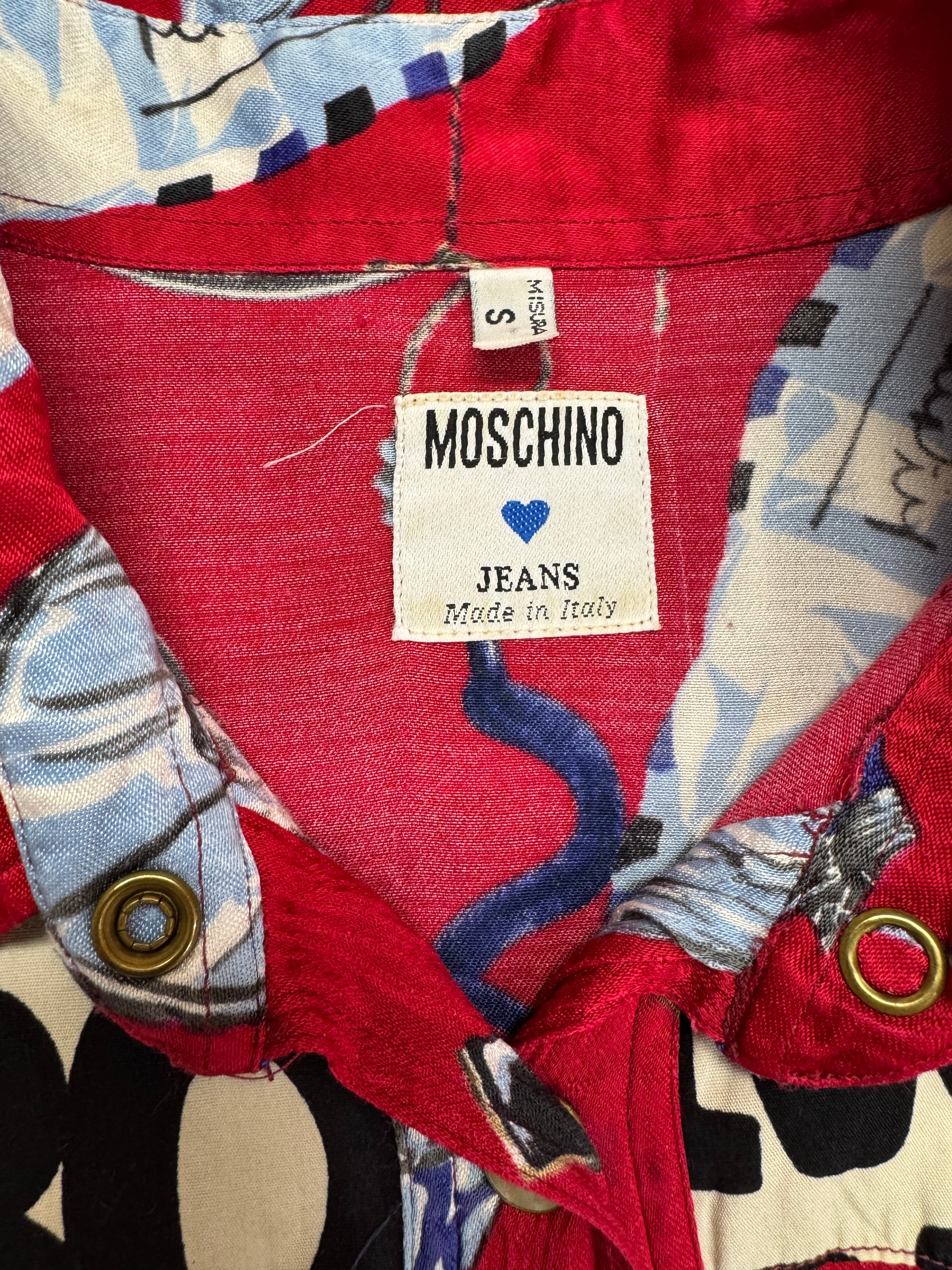 90s Moschino Hemd Pop Art Denim Print Rot S - RareRags