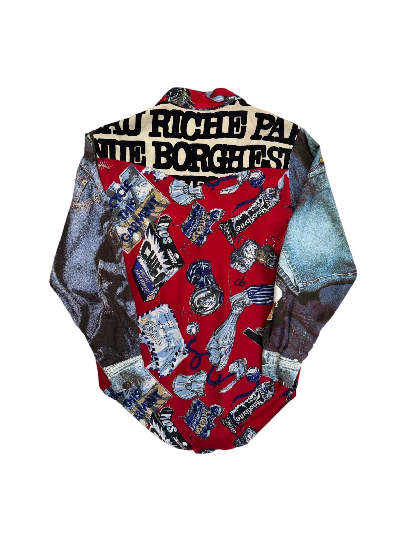 90s Moschino Hemd Pop Art Denim Print Rot S - RareRags