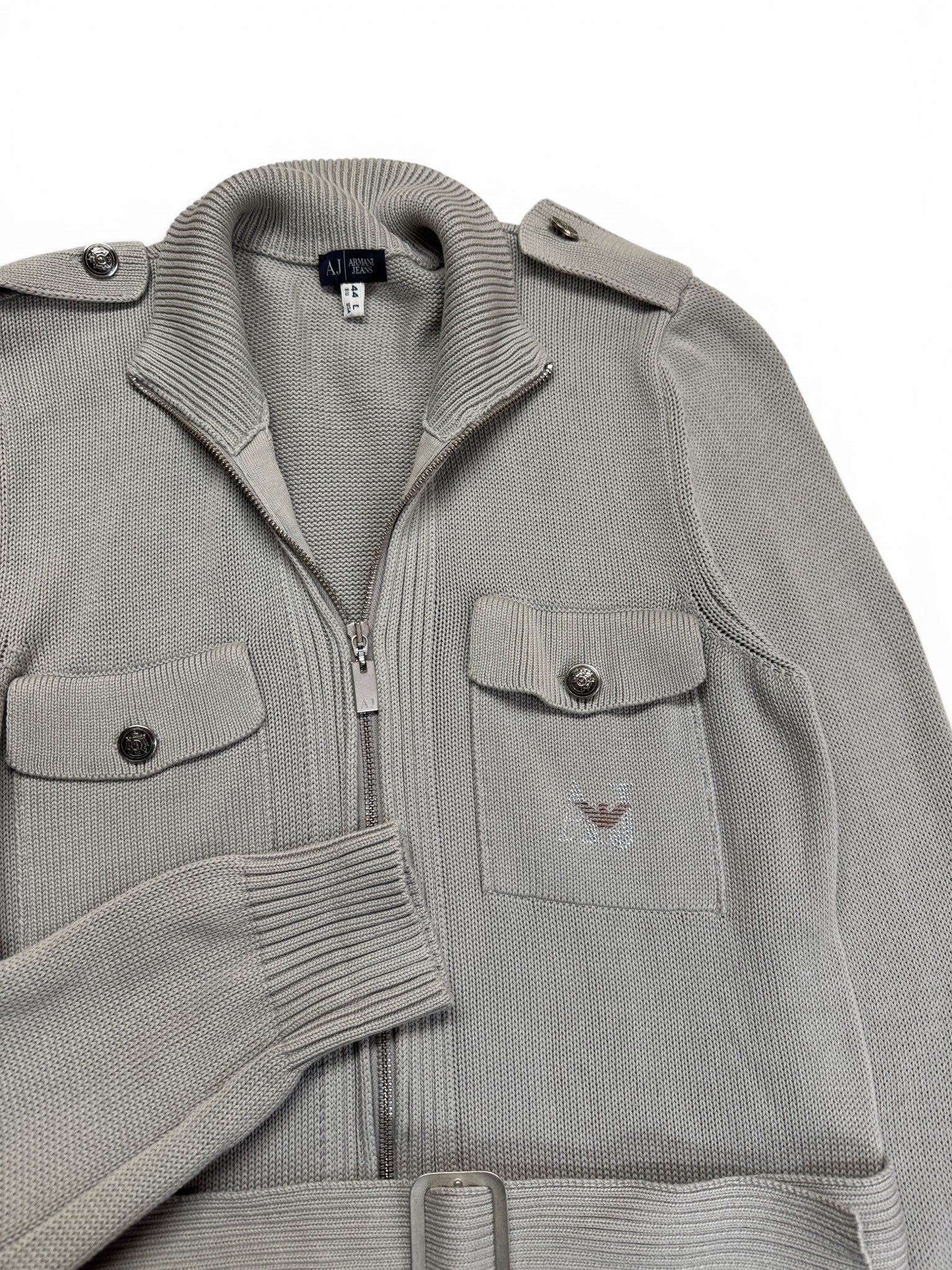 00s Armani Belted Knit Jacket Grau Silber 44/L - RareRags