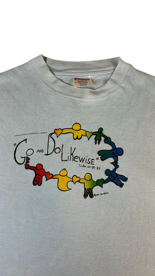 Vintage Hanes Shirt 1982 Good Samaritan Episcopal Church "go and do it likewise" Made In USA Single Stitch Blau L