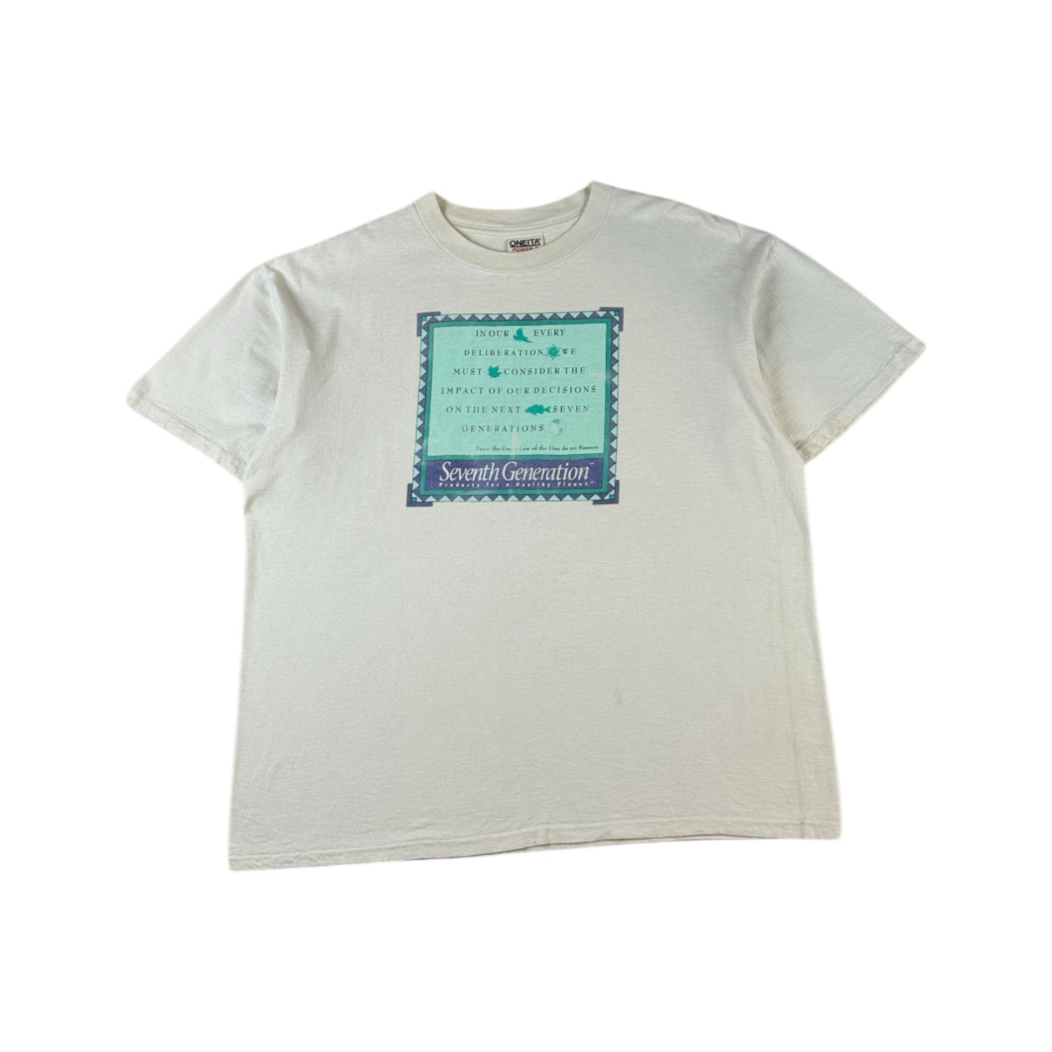 Vintage Oneita Shirt 90s Seventh Generation The Great Law of the Haudenosaunee Single Stitch, Made in USA Weiß XL