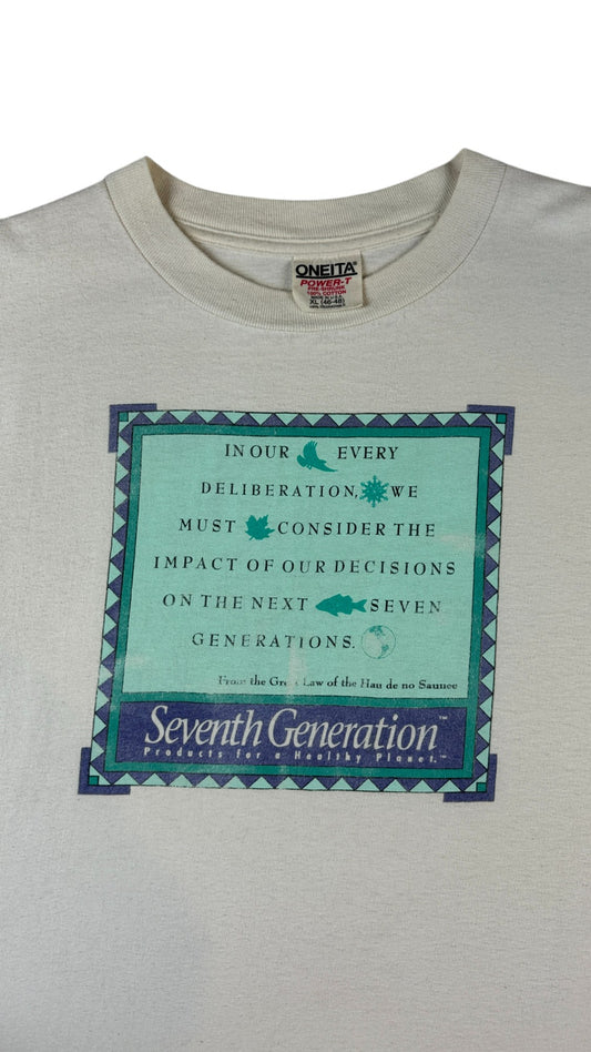 Vintage Oneita Shirt 90s Seventh Generation The Great Law of the Haudenosaunee Single Stitch, Made in USA Weiß XL