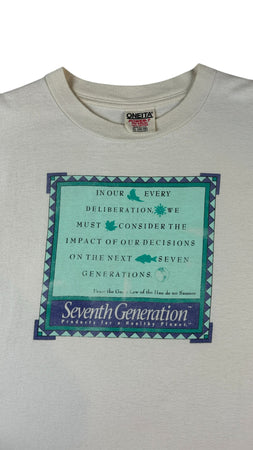 Vintage Oneita Shirt 90s Seventh Generation The Great Law of the Haudenosaunee Single Stitch, Made in USA Weiß XL