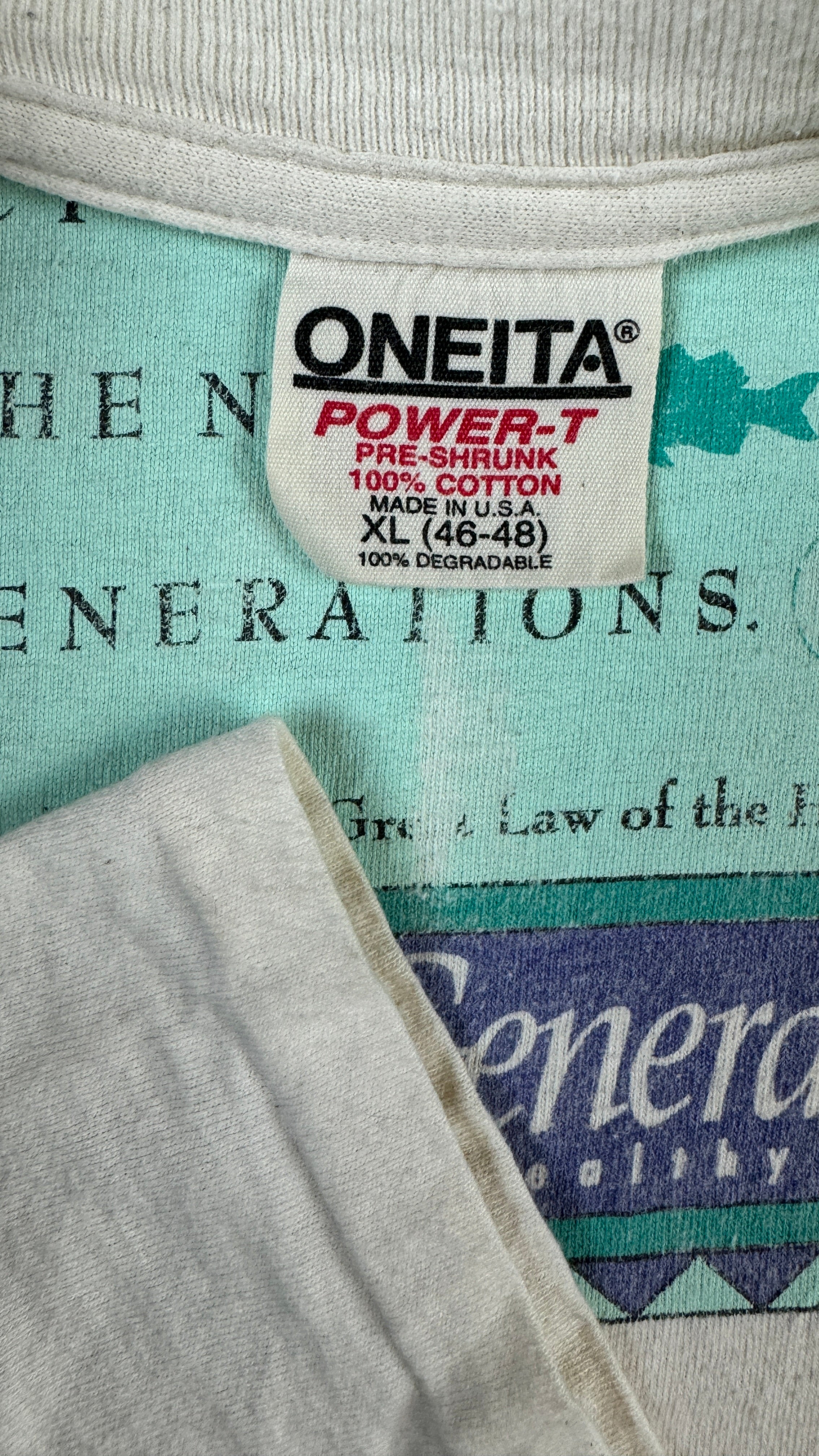Vintage Oneita Shirt 90s Seventh Generation The Great Law of the Haudenosaunee Single Stitch, Made in USA Weiß XL