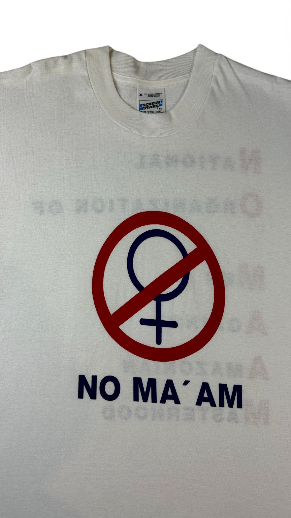 Vintage Screen Stars Shirt 90s "NO MA'AM- National Organization of Men Against Amazonian Masterhood" Single Stitch Weiß XL - RareRags