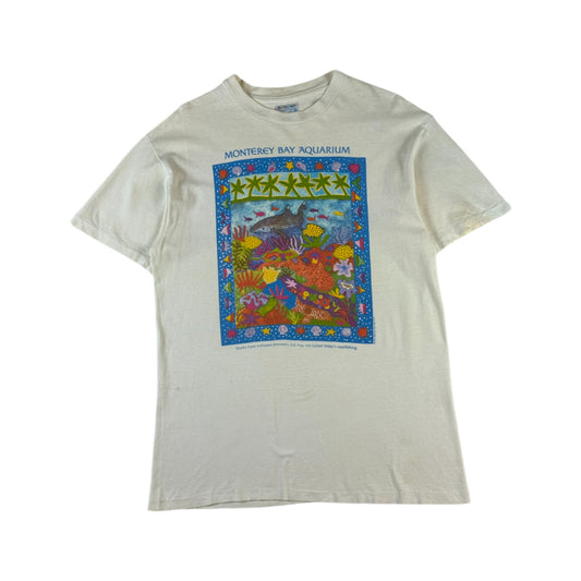 Vintage Hanes Shirt 1991 Monterey Bay Aquarium "Sharks have outlasted dinosaurs..." Single Stitch Made In USA Weiß M-L