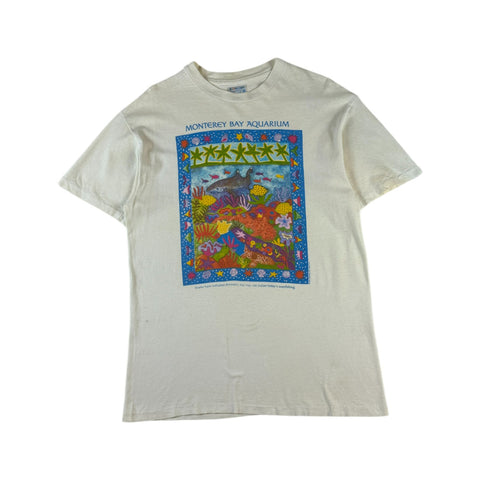 Vintage Hanes Shirt 1991 Monterey Bay Aquarium "Sharks have outlasted dinosaurs..." Single Stitch Made In USA Weiß M-L