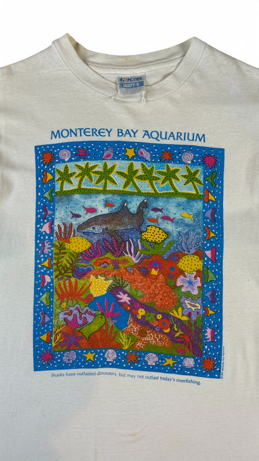 Vintage Hanes Shirt 1991 Monterey Bay Aquarium "Sharks have outlasted dinosaurs..." Single Stitch Made In USA Weiß M-L