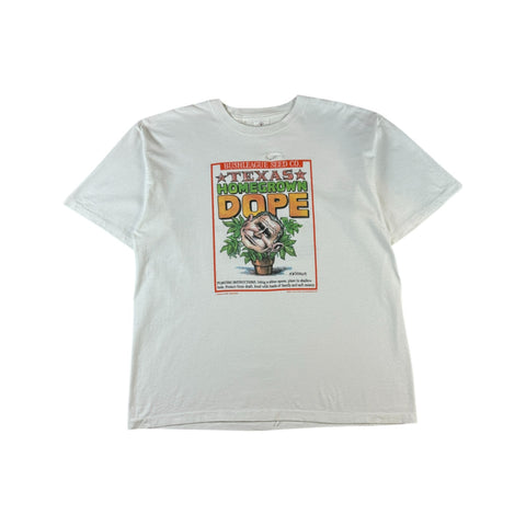 Vintage Alore Shirt 2001 politische Satire George W. Bush "Texas Homegrown Dope-Bushleague" Single Stitch Made In USA Weiß XL