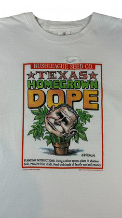 Vintage Alore Shirt 2001 politische Satire George W. Bush "Texas Homegrown Dope-Bushleague" Single Stitch Made In USA Weiß XL