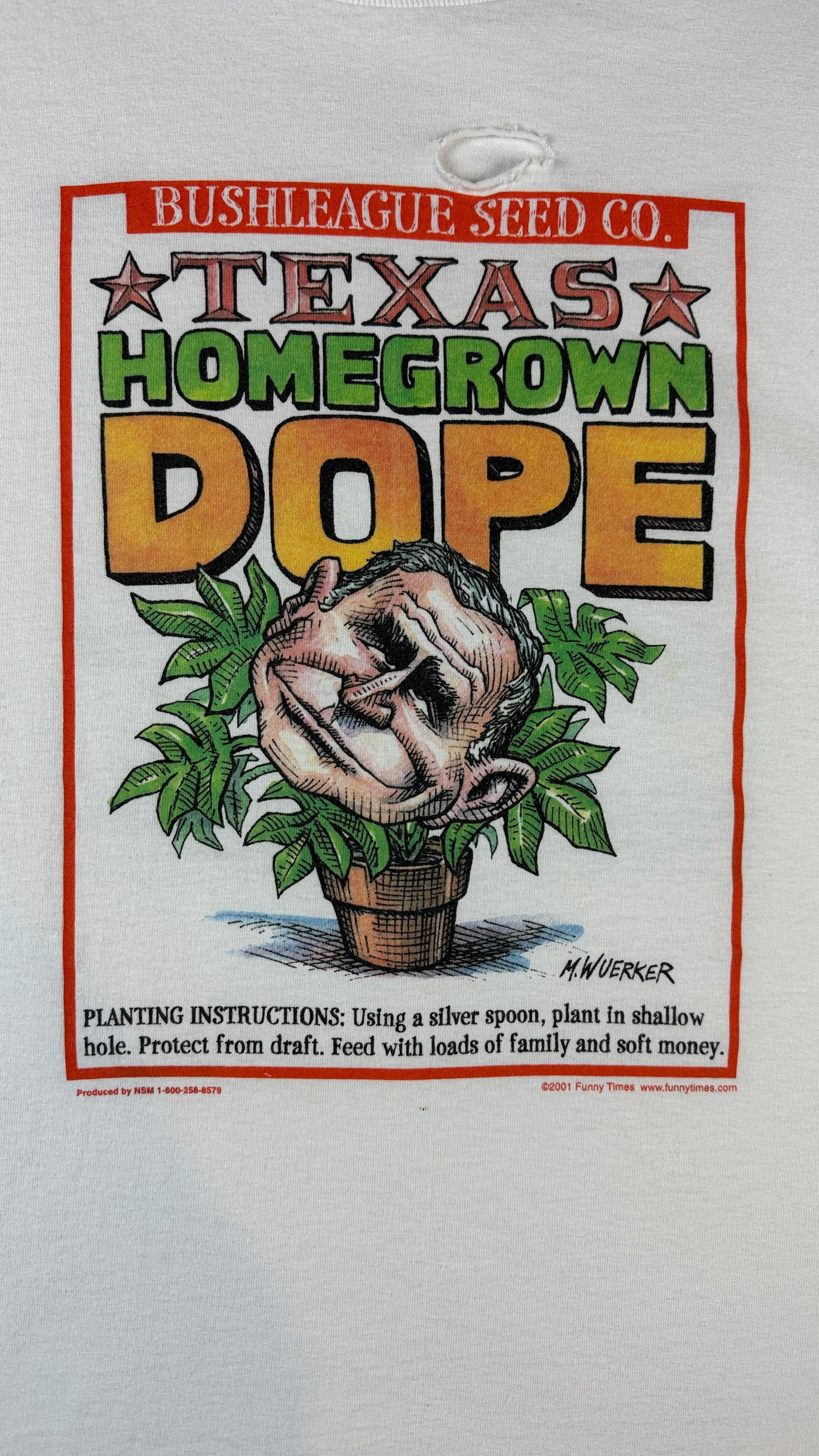 Vintage Alore Shirt 2001 politische Satire George W. Bush "Texas Homegrown Dope-Bushleague" Single Stitch Made In USA Weiß XL