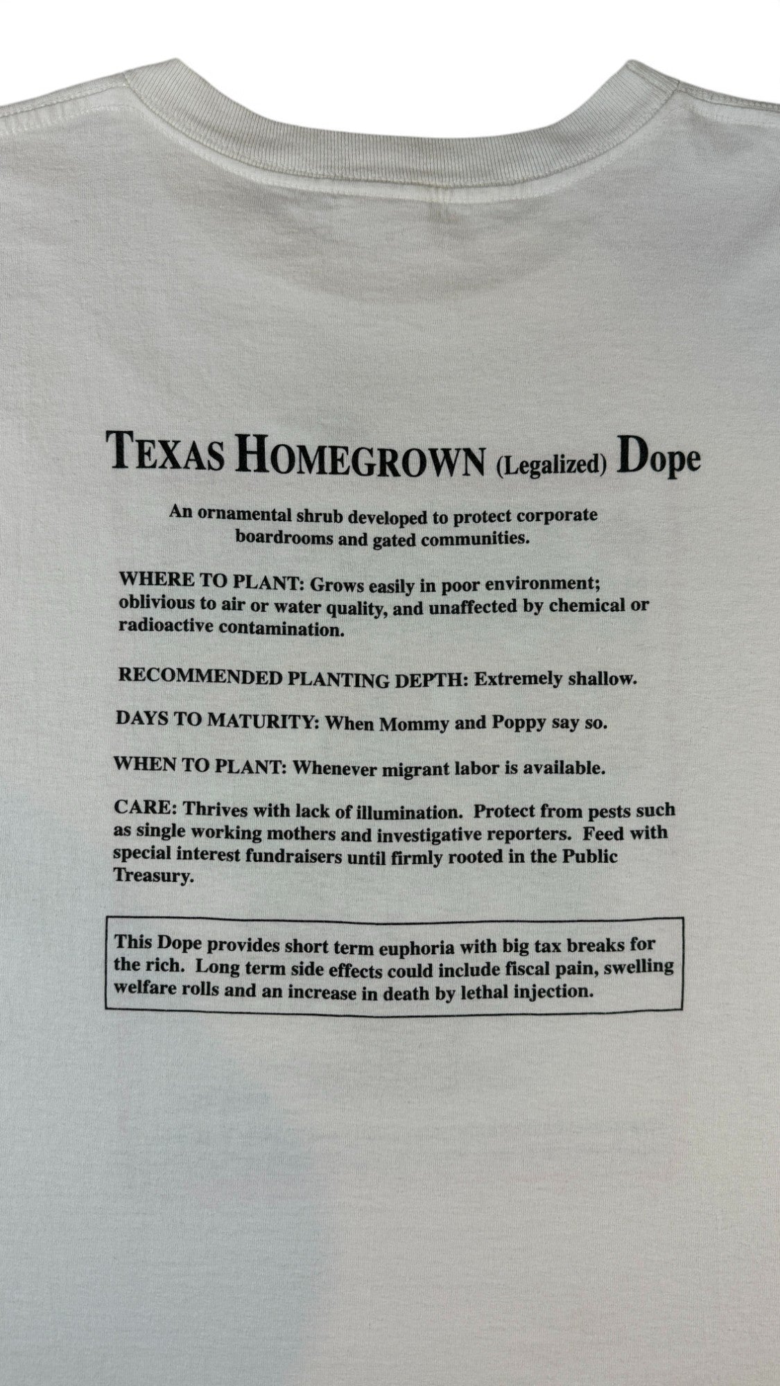Vintage Alore Shirt 2001 politische Satire George W. Bush "Texas Homegrown Dope-Bushleague" Single Stitch Made In USA Weiß XL