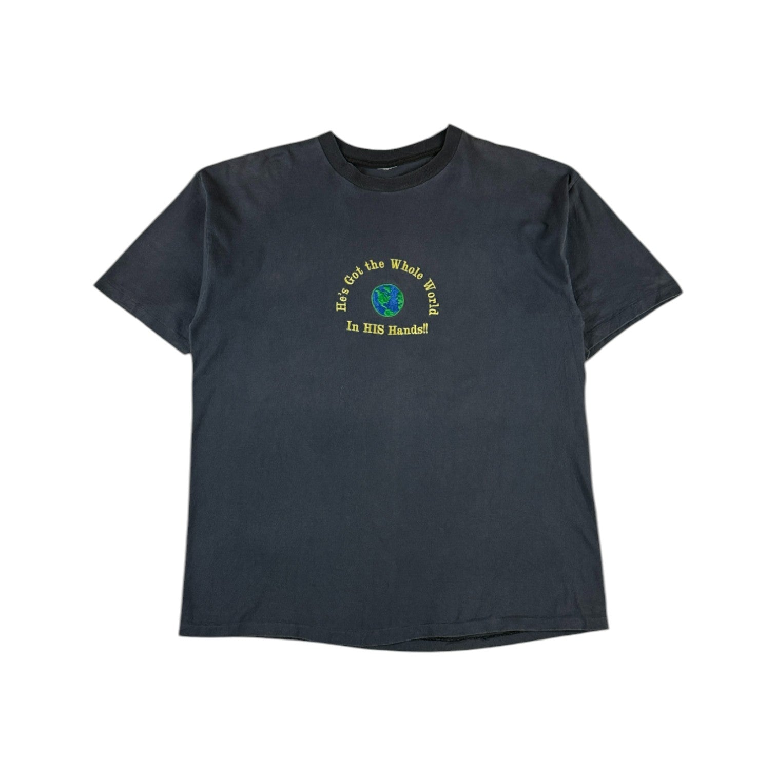 Vintage Shirt 90s "He's Got the Whole World in HIS Hands!!" Single Stitch Schwarz L-XL - RareRags