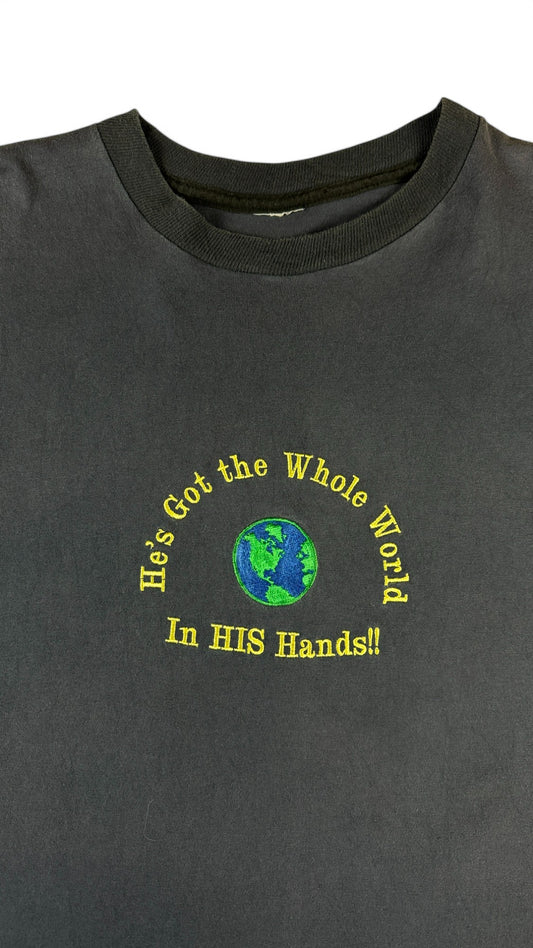 Vintage Shirt 90s "He's Got the Whole World in HIS Hands!!" Single Stitch Schwarz L-XL
