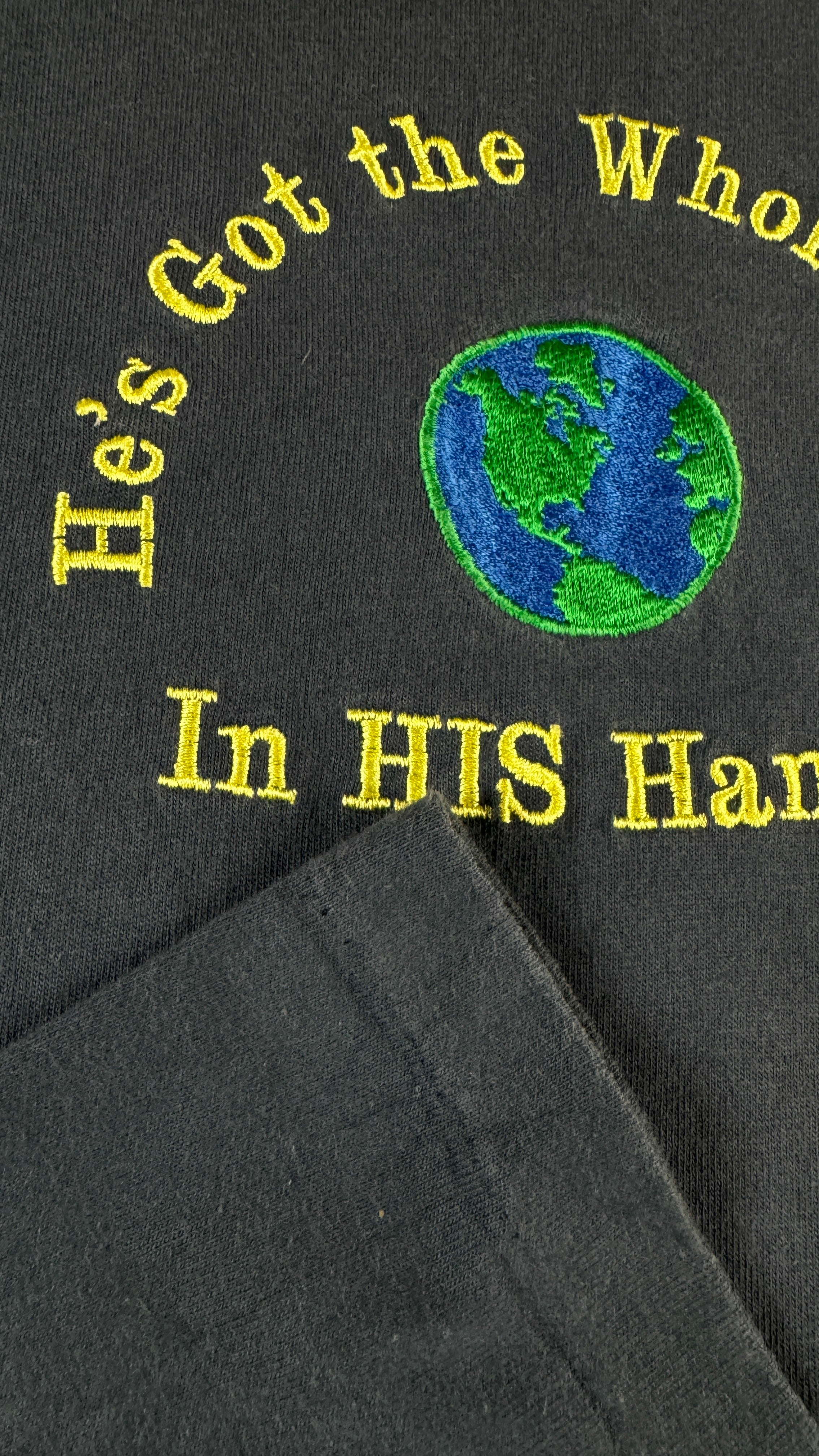 Vintage Shirt 90s "He's Got the Whole World in HIS Hands!!" Single Stitch Schwarz L-XL - RareRags
