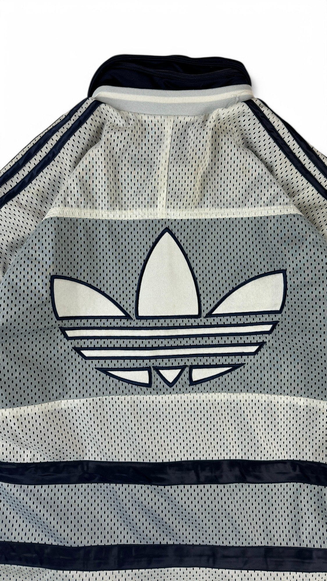 Vintage Adidas Sportjacke 90s Mesh-Overlay Basketball Oversized Hip Hop Navy Weiß (D5) M