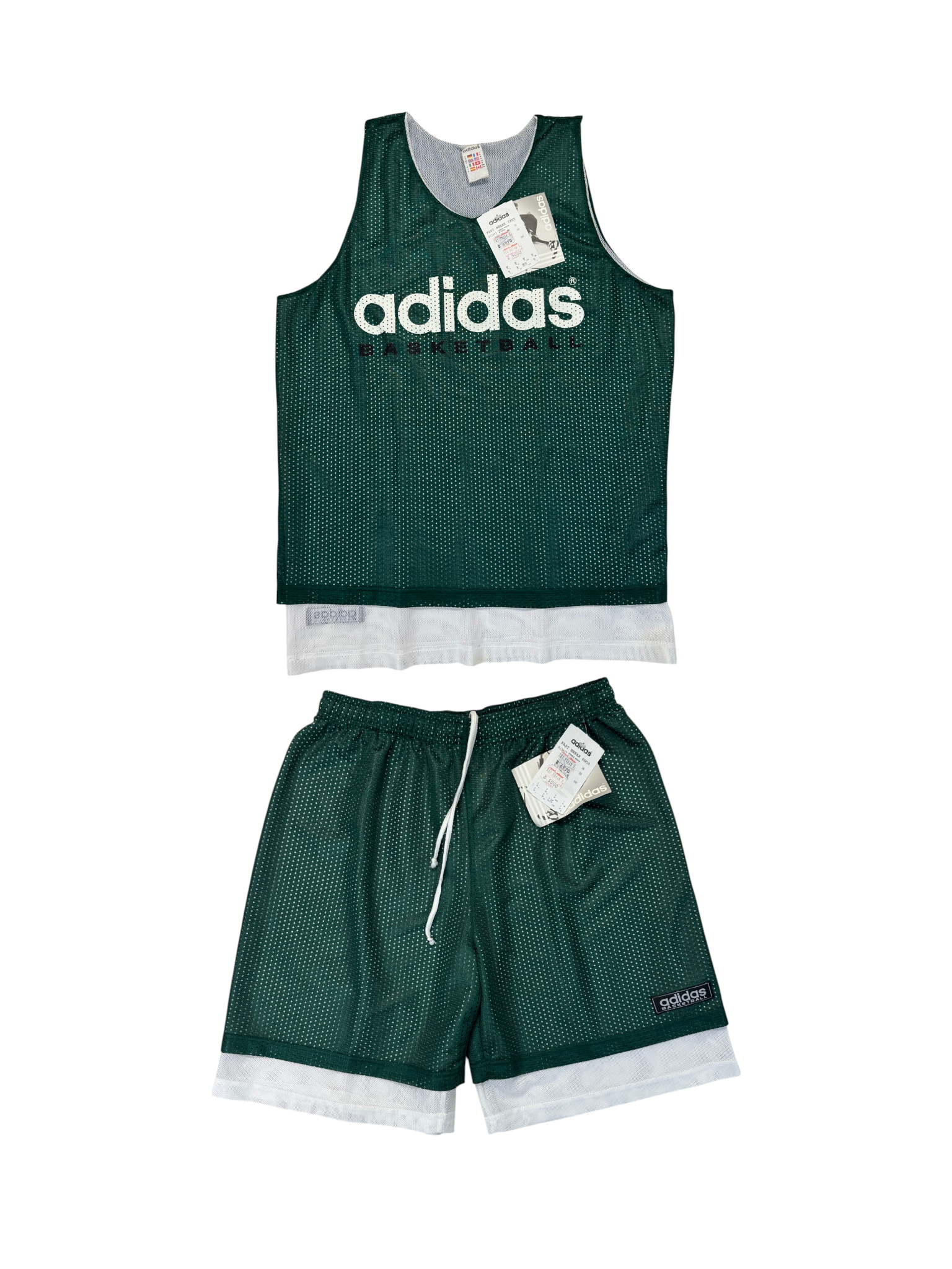 90s Adidas Basketball Set Shorts+Tanktop Made In Portugal Weiß Grün