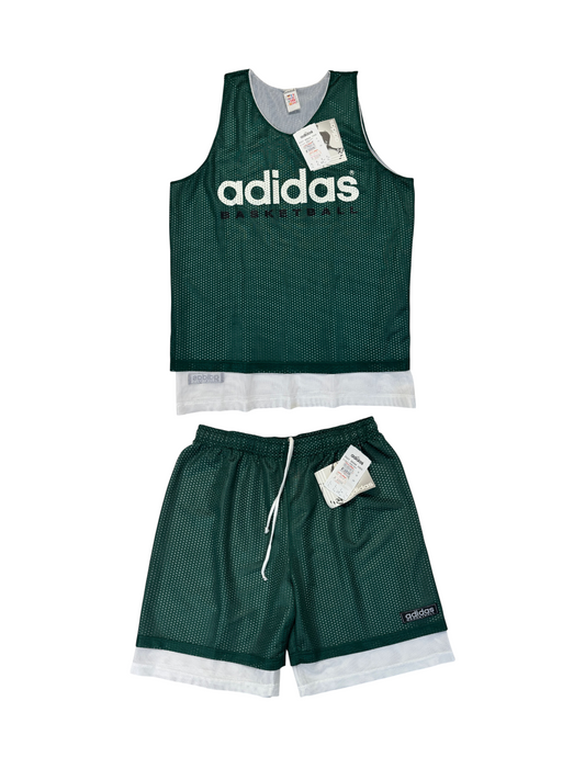 90s Adidas Basketball Set Shorts+Tanktop Made In Portugal Weiß Grün